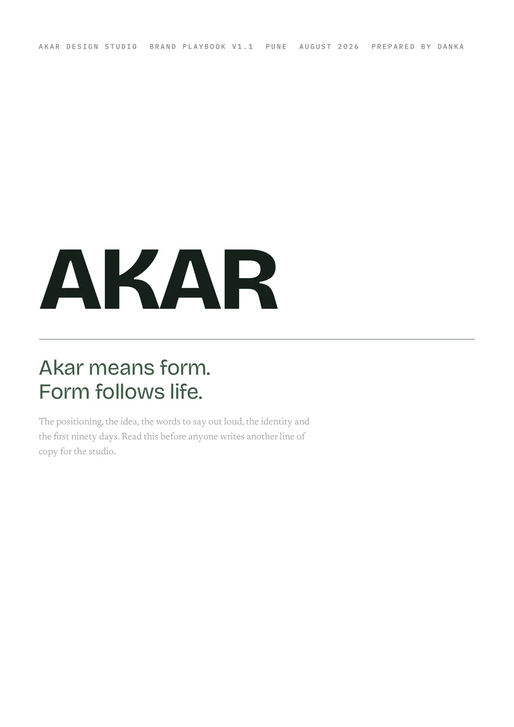 Akar brand playbook cover: the AKAR wordmark, Akar means form, form follows life