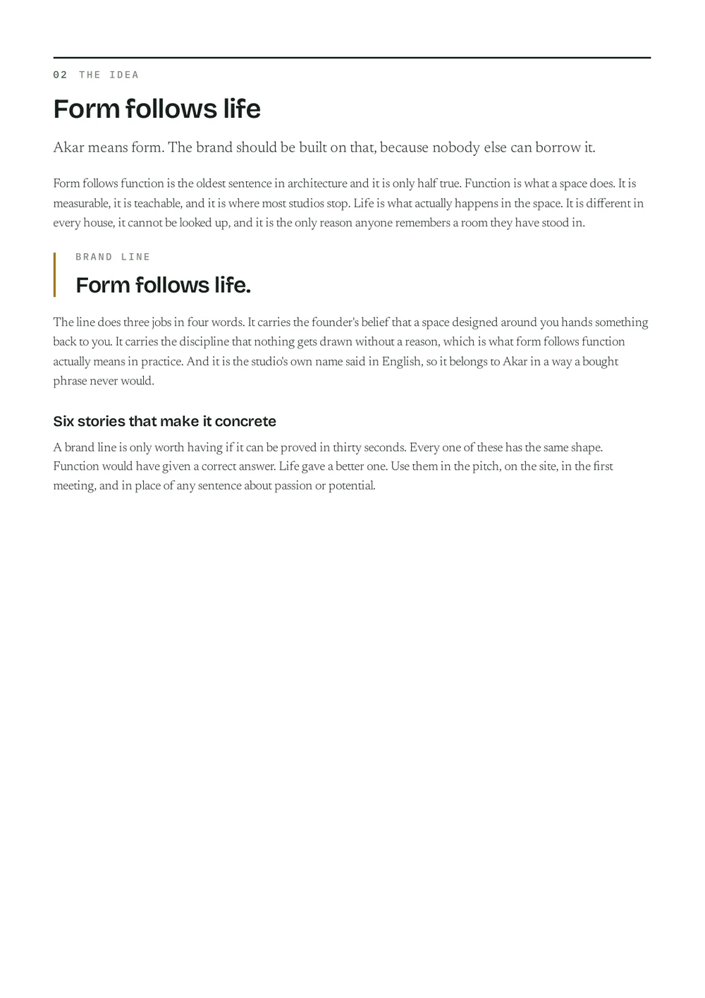 Playbook page: Form follows life, the brand line