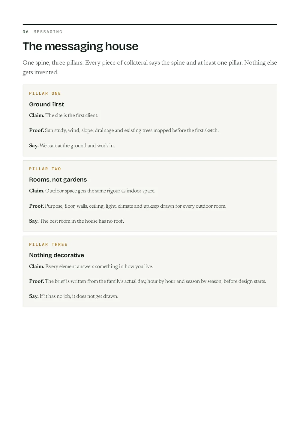 Playbook page: The messaging house, one spine and three pillars