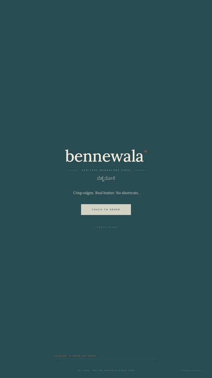 Kiosk signboard screen: bennewala, crisp edges, real butter, no shortcuts