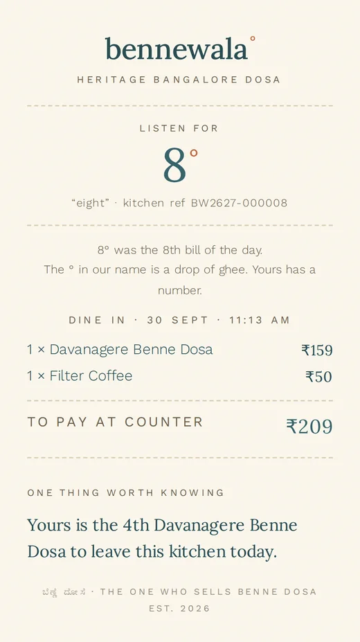 bennewala order slip: listen for 8°, the tray, and one thing worth knowing