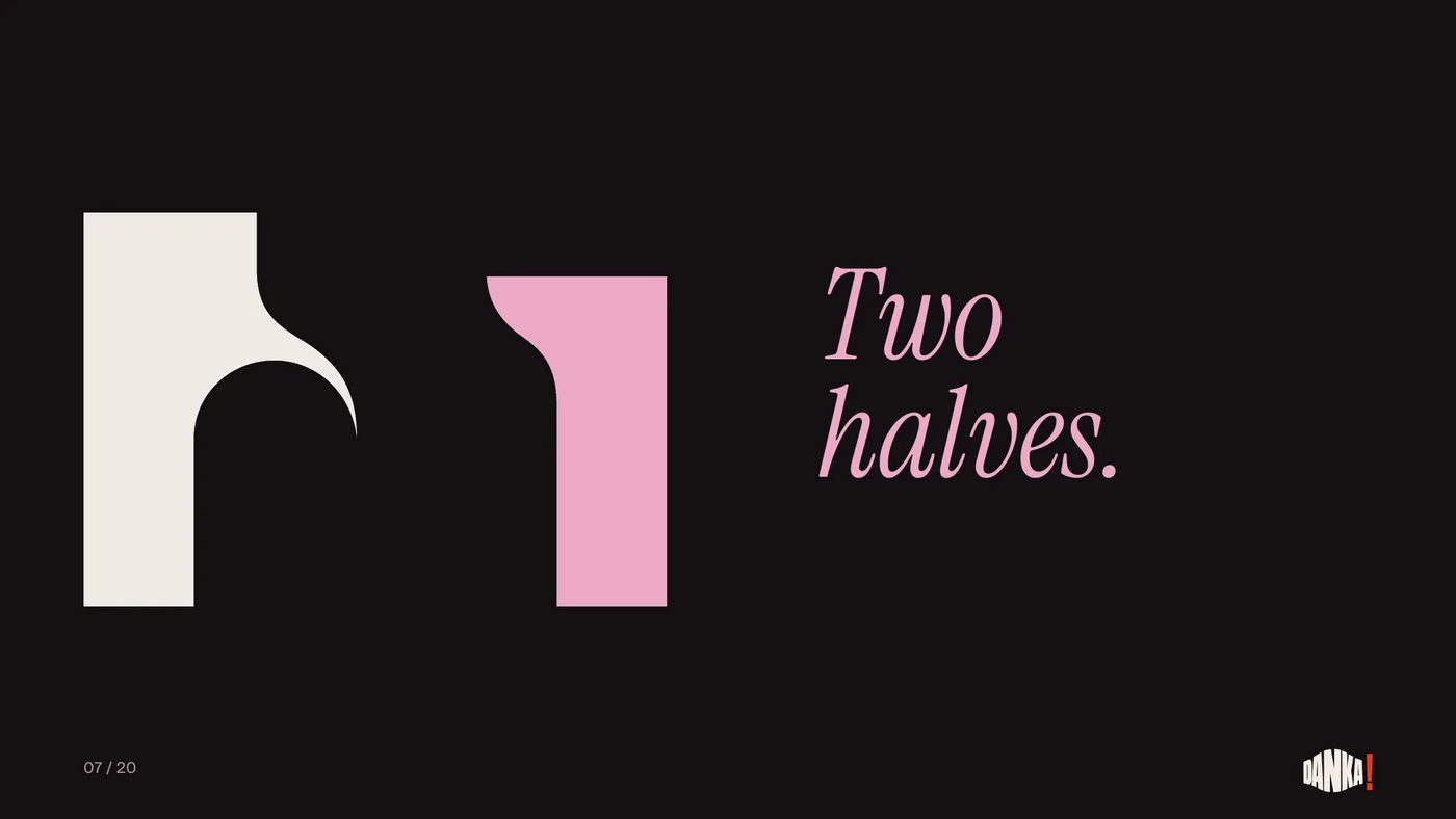 Two halves of the Enlyvn mark, ivory and blush, apart