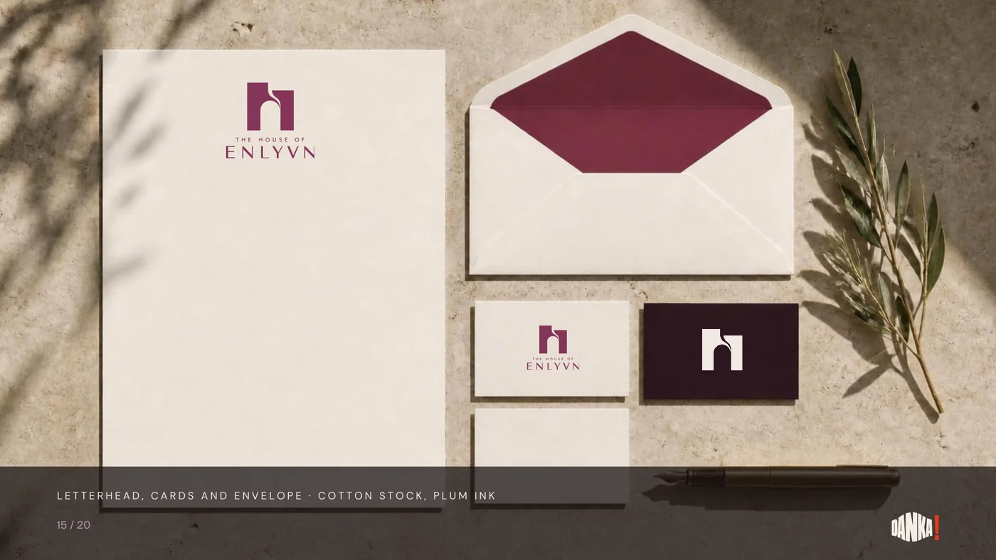 Letterhead, cards and envelope on cotton stock with plum ink