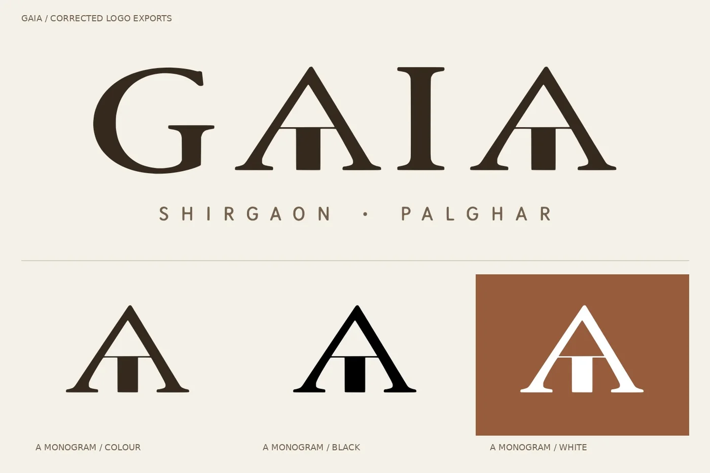 GAIA corrected logo exports: wordmark with Shirgaon Palghar, and the A monogram in colour, black and white