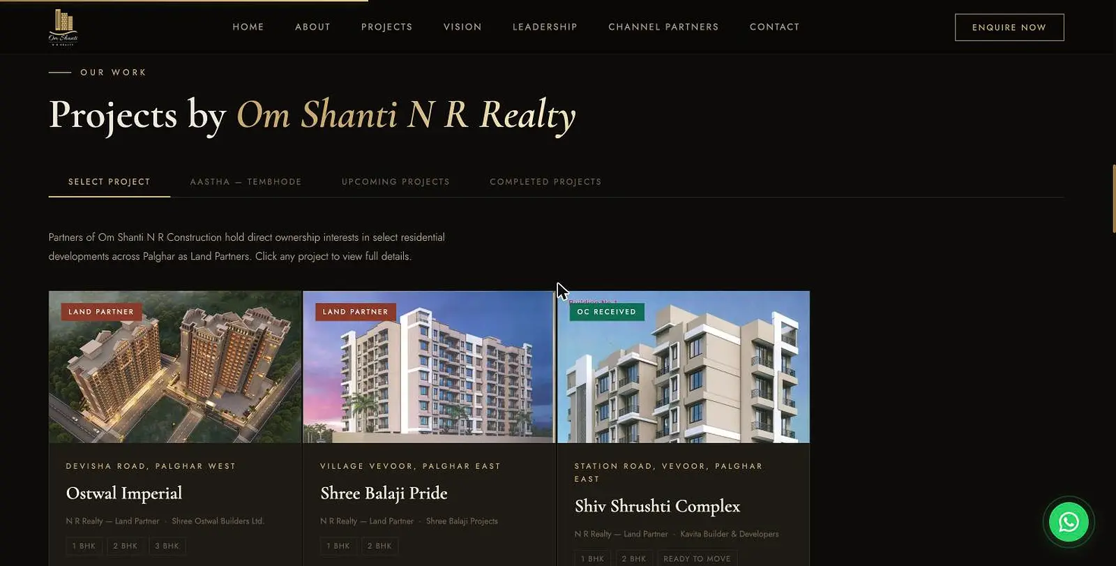 Project grid on omshantinrconstruction.com showing Ostwal Imperial, Shree Balaji Pride and Shiv Shrushti Complex
