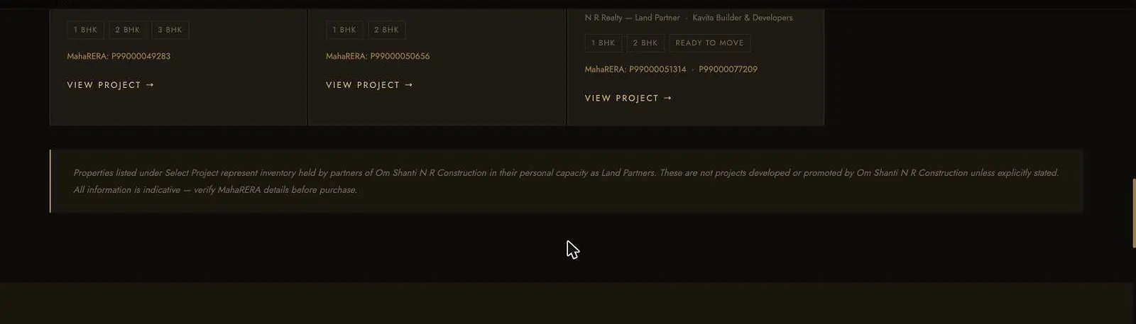 MahaRERA registration numbers and a legal disclaimer shown under each project