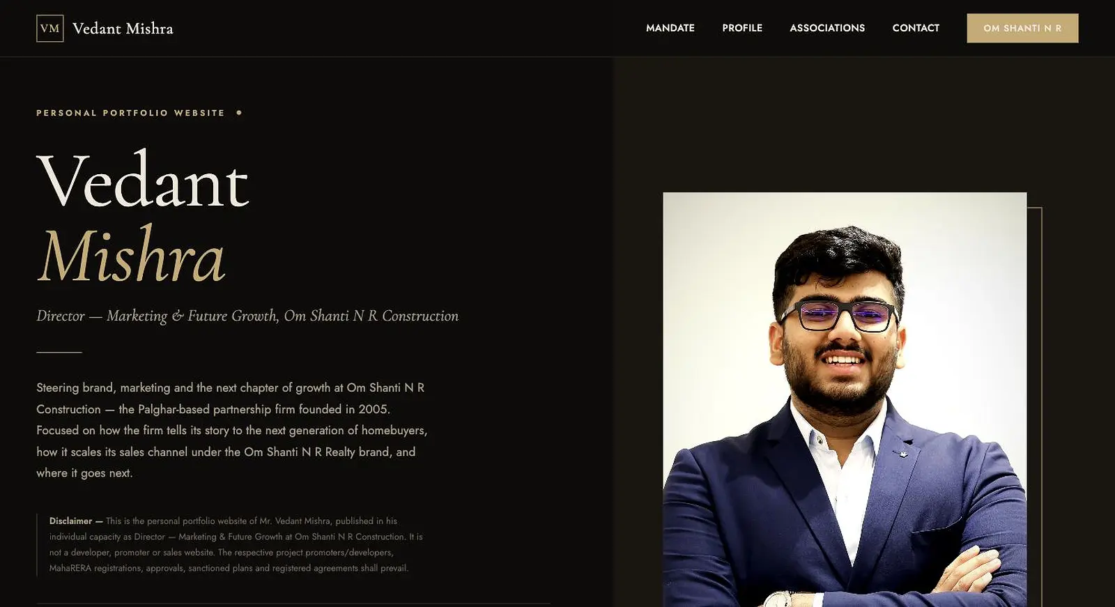 vedantrmishra.in personal portfolio site for the firm's Director, Marketing & Future Growth