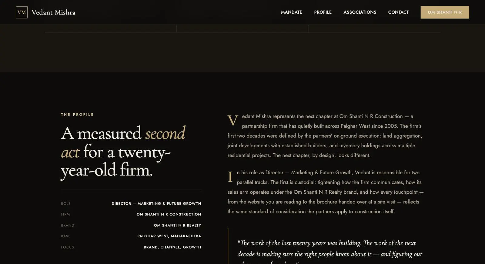 The profile section of the partner site, with role, firm, brand, base and focus set out as a spec