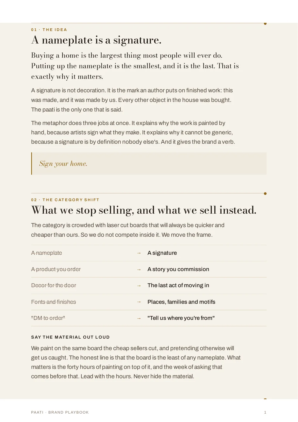 Playbook page: A nameplate is a signature, and the category shift