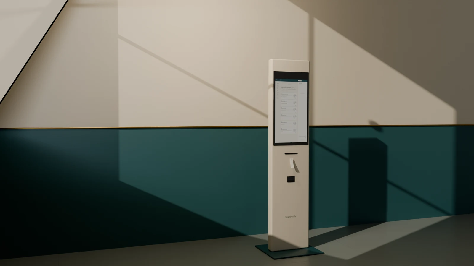 The bennewala self-order kiosk against a teal and cream wall
